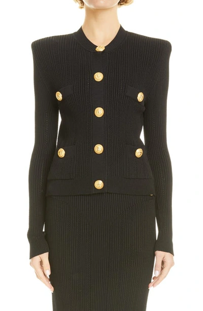 Balmain Ribbed Texture Knit Cardigan With Gold Buttons In Black