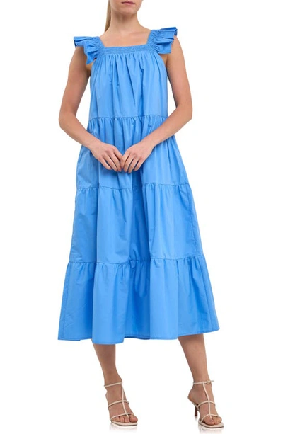 Shop English Factory Ruffle Detail Midi Dress In Blue