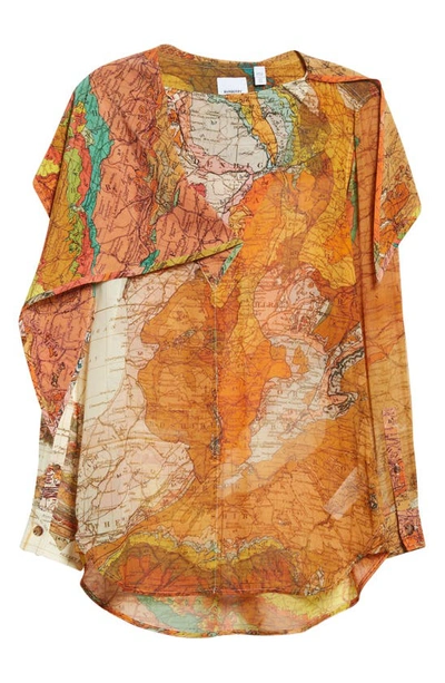 Shop Burberry Edie Map Print Silk Georgette Blouse In Bright Orange Ip Pat