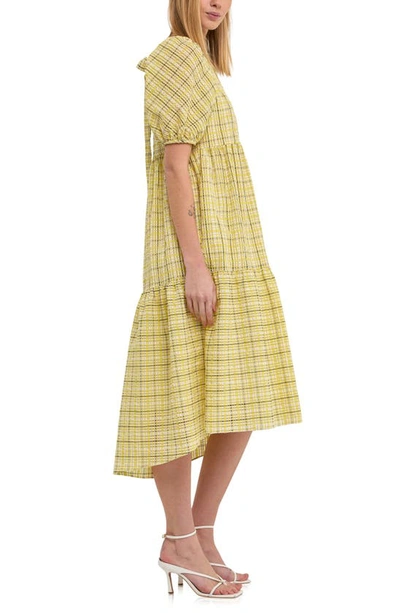 English Factory Plaid Tiered Ruffle Cotton Blend Dress In Lime