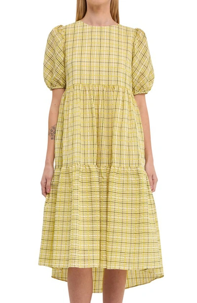 English Factory Plaid Tiered Ruffle Cotton Blend Dress In Lime