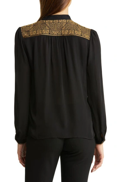 Shop Nili Lotan Renee Embroidered Placket Silk Top In Black W/ Gold Embroidery