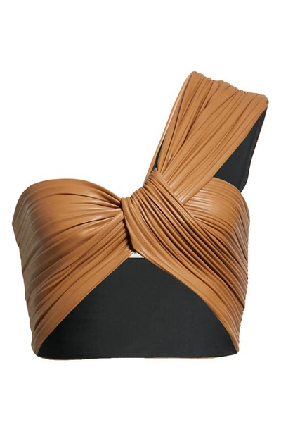 Shop A.l.c Athena Faux Leather One-shoulder Crop Top In Cashew