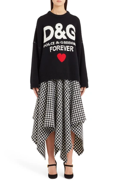 Shop Dolce & Gabbana Houndstooth Handkerchief Hem Stretch Wool Skirt In White/ Black