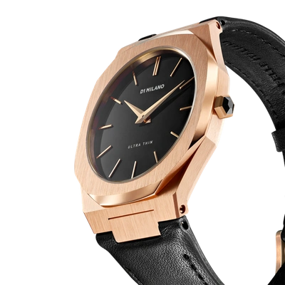 Shop D1 Milano Watch Ultra Thin Leather 40 Mm In Black/rose Gold