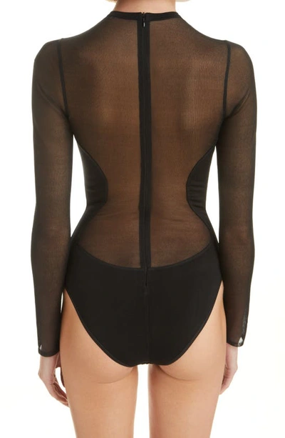 Shop Alaïa Long Sleeve Sheer Crepe Bodysuit In Noir Alaia