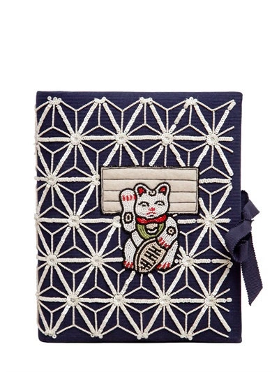 Olympia Le-tan Manekineko Embroidered Note Book Clutch In Navy