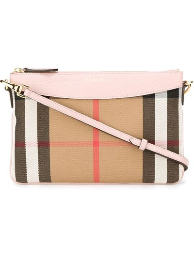 Shop Burberry House Check And Leather Clutch Bag - Neutrals