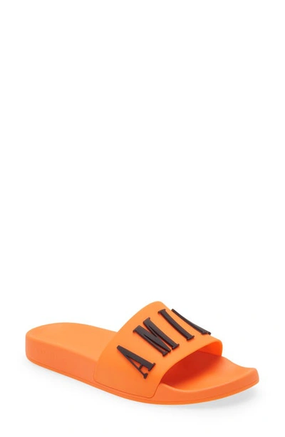 Shop Amiri Logo Pool Slide Sandal In Orange/ Black
