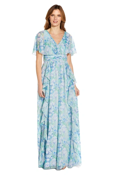 Shop Adrianna Papell Chiffon Capelet Gown In Blue Multi