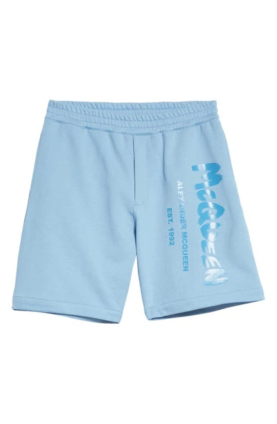 Shop Alexander Mcqueen Graffiti Logo Sweat Shorts In Sky Blue/ Sky Blue