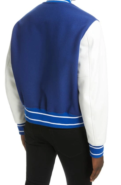 Shop Givenchy Mixed Media Logo Wool Blend Varsity Jacket In White/ Blue