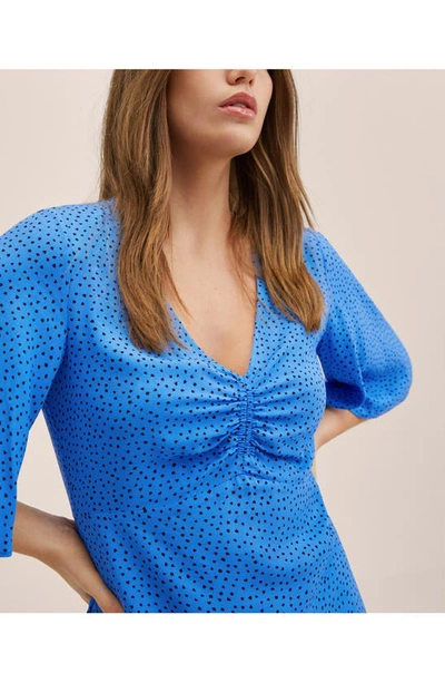 Shop Mango Dot Print Ruched Dress In Blue