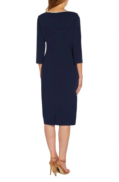 Shop Adrianna Papell Tipped Three-quarter Sleeve Crepe Dress In Navy Sateen/ Ivory