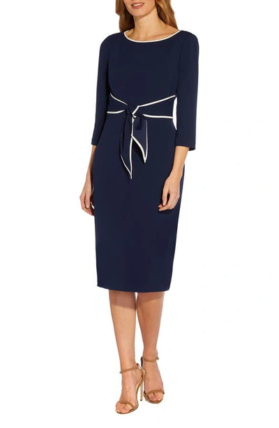 Shop Adrianna Papell Tipped Three-quarter Sleeve Crepe Dress In Navy Sateen/ Ivory