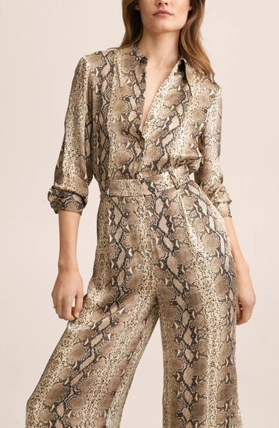 Shop Mango Animal Print Jumpsuit In Beige