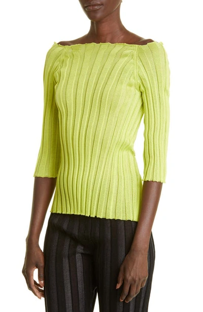 Shop A. Roege Hove Ara Ribbed Off The Shoulder Cotton Blend Cardigan In Lime