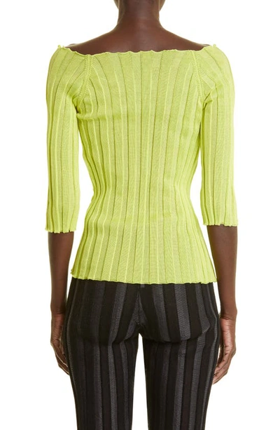 Shop A. Roege Hove Ara Ribbed Off The Shoulder Cotton Blend Cardigan In Lime