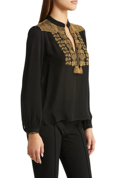 Shop Nili Lotan Renee Embroidered Placket Silk Top In Black W/ Gold Embroidery