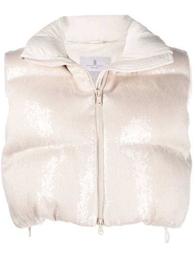 Brunello Cucinelli Dazzling Paillete Crop Down Vest In White