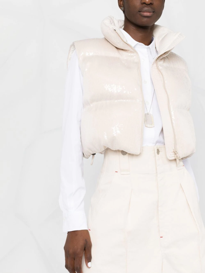 Brunello Cucinelli Dazzling Paillete Crop Down Vest In White
