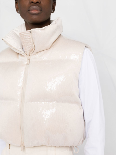 Brunello Cucinelli Dazzling Paillete Crop Down Vest In White