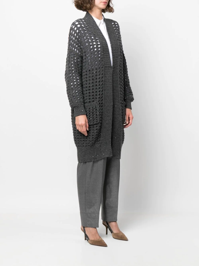 Brunello Cucinelli Open-knit Sequin-embellished Cardi-coat In Grey