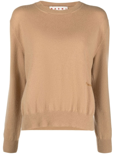 Shop Marni Logo-embroidered Cashmere Jumper In Neutrals