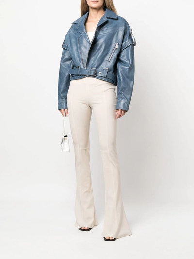Manokhi Calf Leather Biker Jacket In Blue