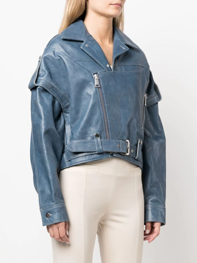 Manokhi Calf Leather Biker Jacket In Blue