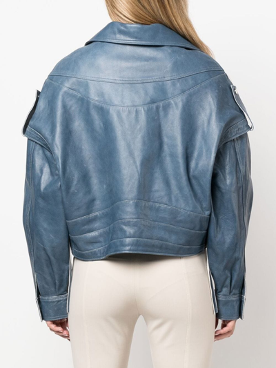 Manokhi Calf Leather Biker Jacket In Blue