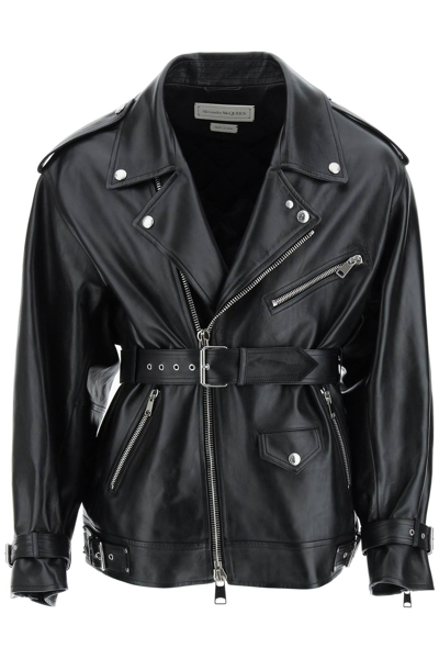 Shop Alexander Mcqueen Midi Leather Biker Jacket In Black