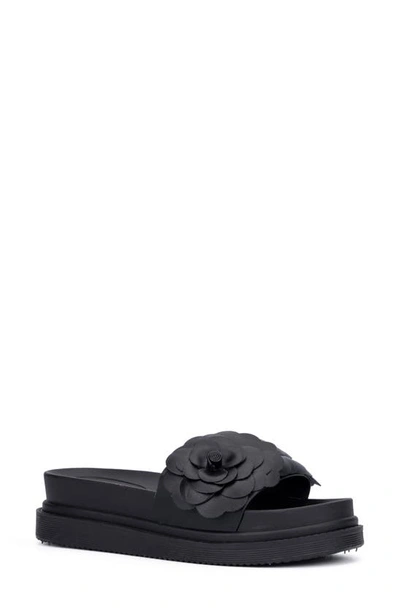 New York And Company Camilia Flower Strap Platform Slide Sandal In Black