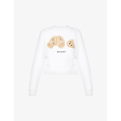 Shop Palm Angels Bear-print Long-sleeved Cotton-jersey Sweatshirt In White