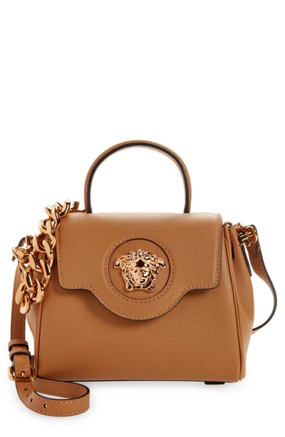 Shop Versace Small La Medusa Handbag In Tawny Brown- Gold