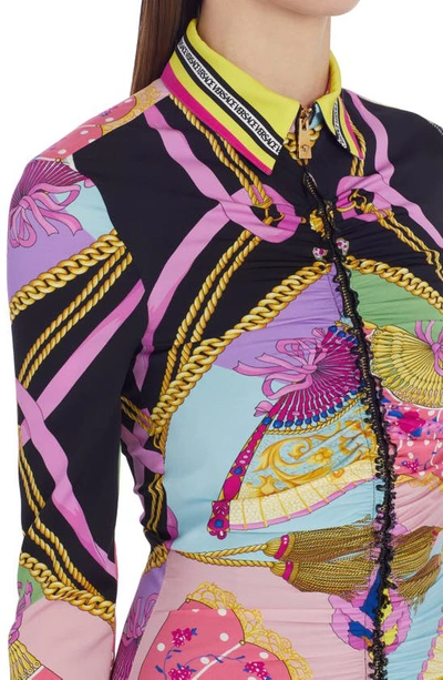 Shop Versace Ventagli Fan Print Long Sleeve Stretch Silk Shirtdress In Multicolor