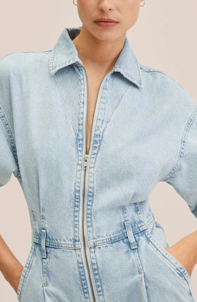 Shop Mango Long Sleeve Denim Zip Jumpsuit In Bleach Blue