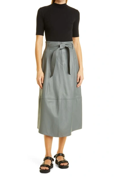Shop Vince Topstitch Belted Leather Skirt In Sea Stone