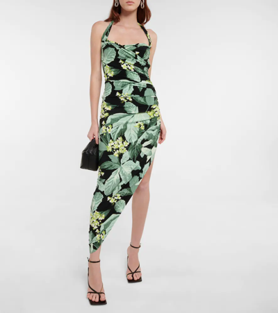 Shop Norma Kamali Cayla Printed Halterneck Midi Dress In Tropical Mint