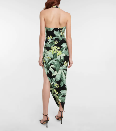 Shop Norma Kamali Cayla Printed Halterneck Midi Dress In Tropical Mint