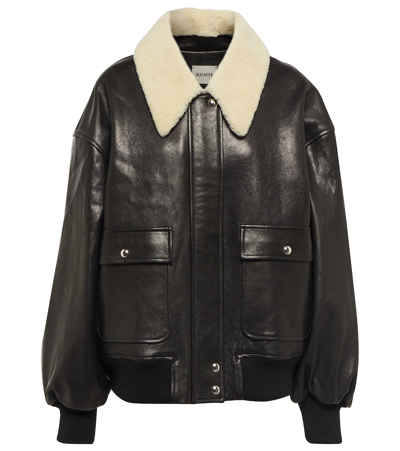Khaite Shellar Shearling Collar Leather Aviator Jacket In Black