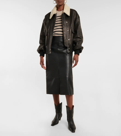 Khaite Shellar Shearling Collar Leather Aviator Jacket In Black
