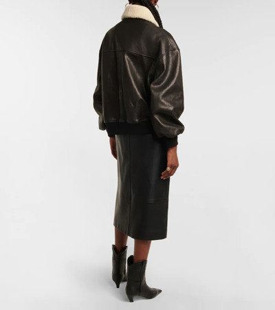 Khaite Shellar Shearling Collar Leather Aviator Jacket In Black
