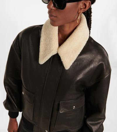 Khaite Shellar Shearling Collar Leather Aviator Jacket In Black