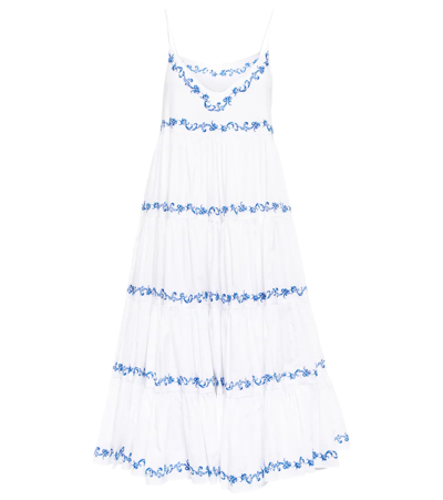 Shop Caroline Constas Katrina Embroidered Poplin Midi Dress In White Blue Emb