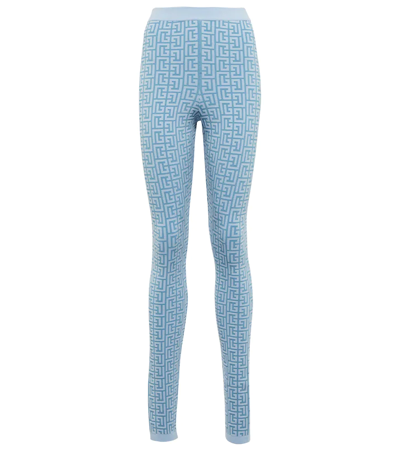 Shop Balmain Monogram Knit Leggings In Sdx Bleu/bleu P Le