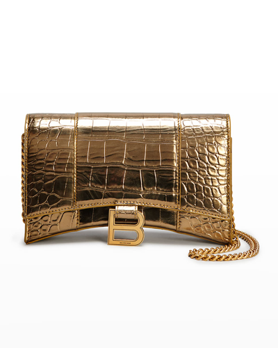 Shop Balenciaga Hourglass Metallic Moc-croc Wallet W/ Chain Strap In Gold