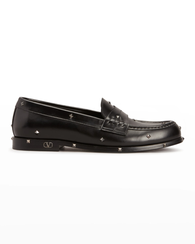 Shop Valentino Men's Studded Leather Penny Loafers In Black