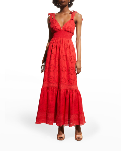 Shop Alice And Olivia Levine Smocked Eyelet Midi Dress In Bright Poppy