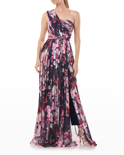 Shop Kay Unger Pleated Floral-print Walk-thru Jumpsuit In Midnight Multi